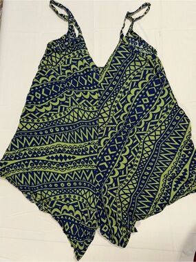 Hula Bay Hawaiian Tribal Print Romper Cover Up Blue Green Size S-5